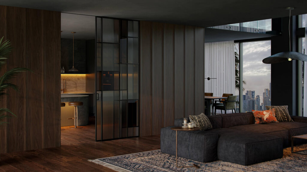 Sliding glass door with black frame separates modern living area and kitchen with dark wood paneling and rug.